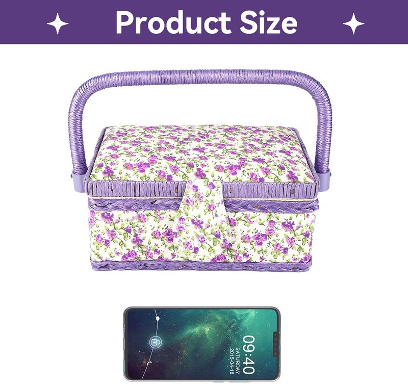 Beufee Sewing Basket, Vintage Sewing Tool Organizer Box Sewing Supplies Organizer for Storing Needles Thread, Sewing Basket with Handle & Removable Tray, Flower Pattern,Purple - Image 2